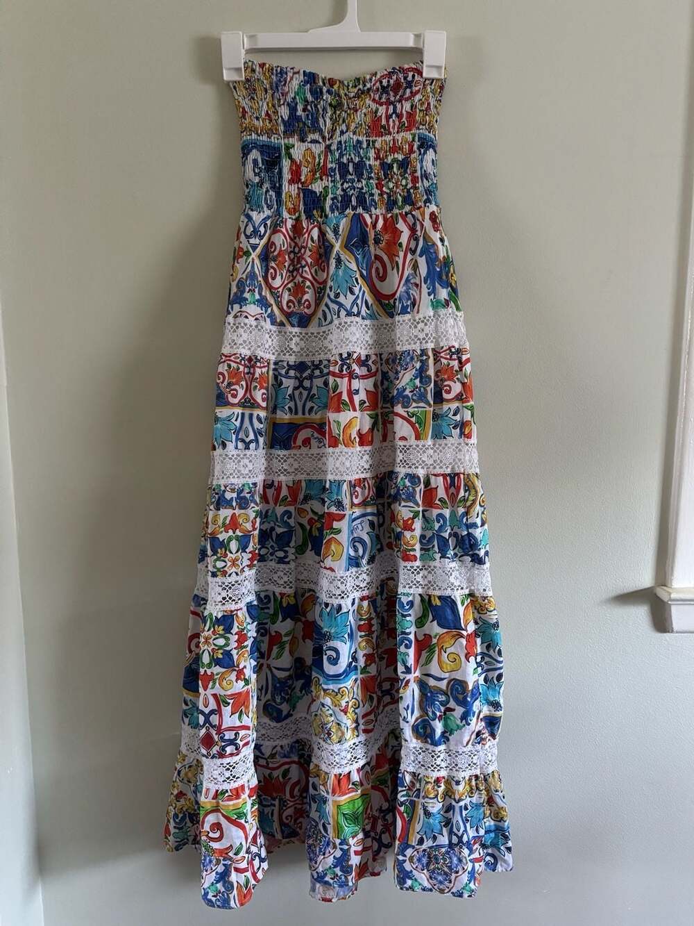 Luisa Positano Maiolica Tile Print Linen Ruffle Maxi Dress